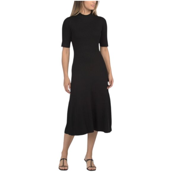 ELIE TAHARI Short Sleeve Mock Neck Ribbed Midi Fit And Flare Dress - Picture 1 of 3